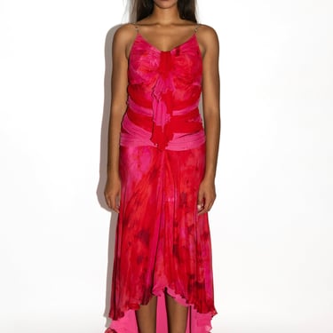 Red & Pink Printed Silk Chiffon High-Low Gown