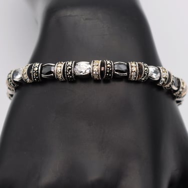 80's rock crystal black tourmaline marcasite rhinestone 925 silver bracelet, edgy sterling quartz pyrite oval & barrel links 