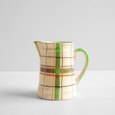 Vintage Ceramic Creamer with Hand Painted Green Plaid Design, Made in Japan 