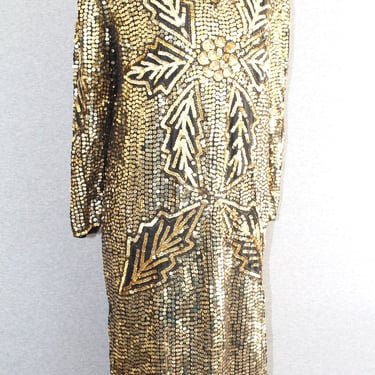 1980s - Gold - Beaded - Sequin - Cocktail Dress - Party Dress - Event Dress - Trophy Dress - Silk - Estimated size L/XL 