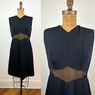 Vintage 1960s Mod Little Black Dress Illusion Midriff Panel A Line/ 60s Sleeveless Party Dress Space Age S 