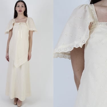70s Asymmetrical Tiered Scarf Layer Maxi Dress / Vintage Simple Cream Embroidered Eyelet Apron Dress 
