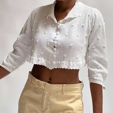 White Crocheted Cropped Cardigan (M)