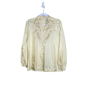 Vintage Beige Embroidered Eyelet Cottage Core Button Up Blouse, No tag 