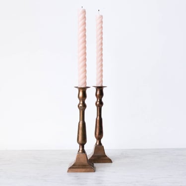 Pair of Copper Candlesticks & Beeswax Tapers