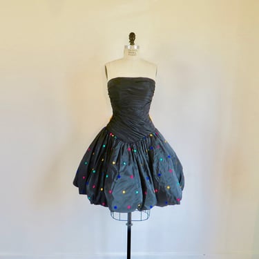 1980's Black Taffeta Strapless Bustier Bubble Skirt Evening Dress Ruched Bodice PolkadotTrim 80's Cocktail Party After Five  28 Waist Small 