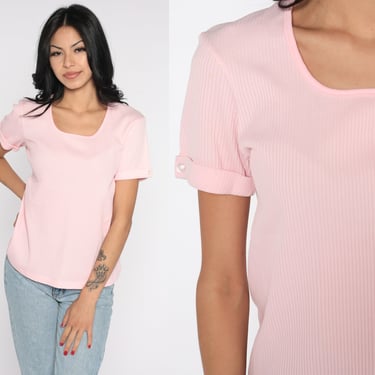 70s Mod Shirt Baby Pink Ribbed Top 1970s Plain Blouse Vintage Short Sleeve Shirt 60s Basic Top Seventies Medium Large 