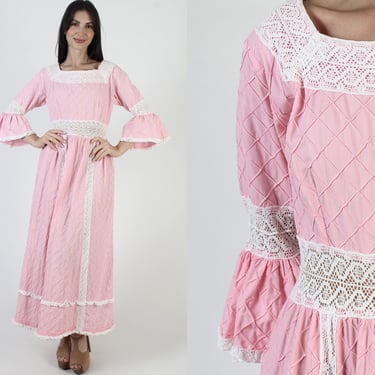 Pink Mexican Dress, Ethnic Bell Sleeves, Pintuck Cotton Fiesta Gown, Vintage Long Fiesta Maxi 