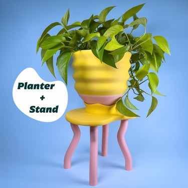 Planter + Stand Gift Set - 3D Printed Plastic - Yellow & Pink - Dopamine Decor - Maximalist Funky Eccentric Indoor Quirky Y2K Whimsical 