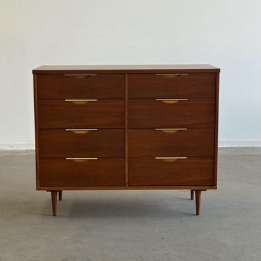 Kent Coffey Mid Century Tallboy Walnut and Brass Dresser 
