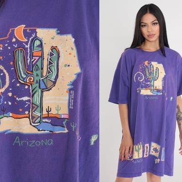 Arizona Tshirt Dress 90s Desert Pajama T-Shirt Southwestern Cactus Graphic Sleep Shirt Purple Mini Nightie Vintage 1990s Small Medium Large 