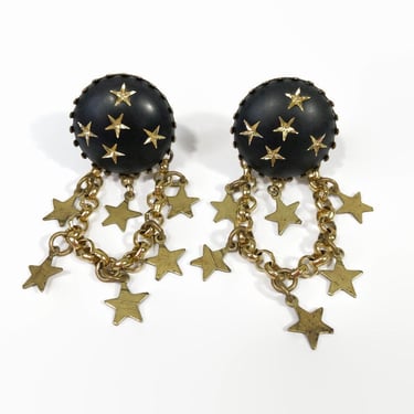 VINTAGE 1950's Black and Gold Celestial Dangling Stars Clip On Earrings | 50s Retro MCM Atomic Jewelry | VFG 