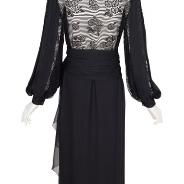 Galanos 1984 S/S Vintage Black Lace Back Silk Chiffon Balloon Sleeve Evening Gown 