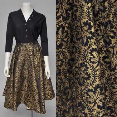 vintage 1950s gold and black floral quilted circle skirt XS 