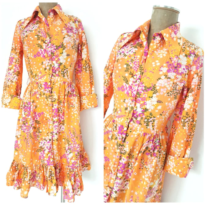 Vintage 50s Floral Party Dress Size Small Ruffle Hem Pinup Cuff Sleeve Summer