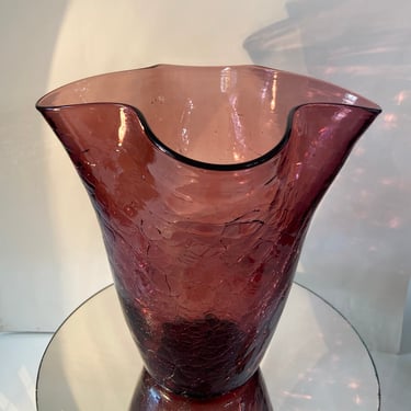 Blenko Crackle Glass Handkerchief Vase, Amethyst | vintage art glass | large handblown ruffle edge vase 