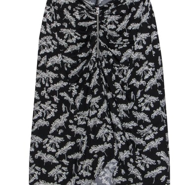 Rag & Bone - Black & White Leaf Print Ruched "Sabeen" Midi Skirt Sz S