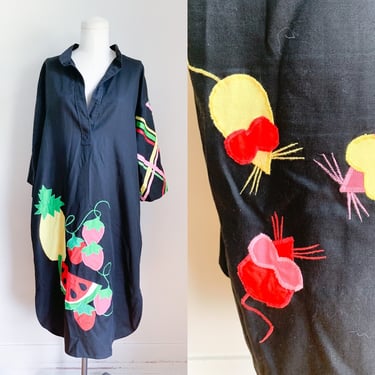 Vintage 1980s Black Fruit Appliqued Dress / L 