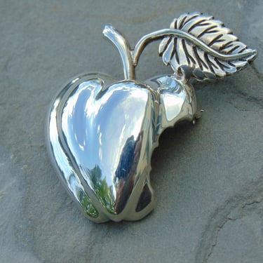 D'Molina ~ Mexican Sterling Silver Apple with Bite Taken Out of it Brooch / Pin 