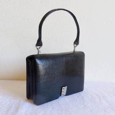 1960's Black Snakeskin Leather Small Structured Purse Art Deco Style Marcasite Clasp Top Handle 60's Handbags Formal Evening Party 