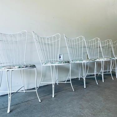 White Homecrest Patio Chairs Set of 6 | White Metal Patio Furniture | Vintage Dining | Mid Century Wire Outdoor Garden Deck Backyard Set 