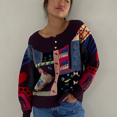 80s handknit folk wool sweater / vintage soft plum wool hand knit farm landscape patchwork quilt fair isle yoke henley sampler sweater | M L 