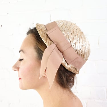 1950s Taupe Woven Hat | 50s Beige Woven Raffia Hat 