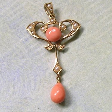 Antique Edwardian 14K Gold, Half Pearl and Coral Lavaliere Necklace, 14K Gold Coral Lavaliere Necklace, Wedding Necklace (#4519) 