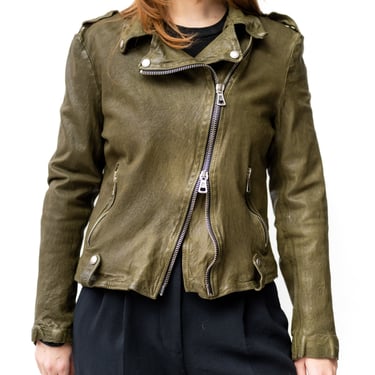 Military Green Leather Moto Jacket