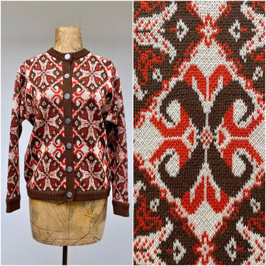 Vintage 1960s/1970s Snowflake Pattern Wool Cardigan, Nordic Style Sweater by Tami, Medium 42