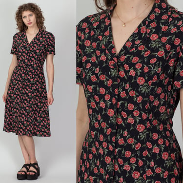 Vintage Black Rose Print Grunge Dress - Medium | 80s 90s Floral Button Up Short Sleeve Midi 