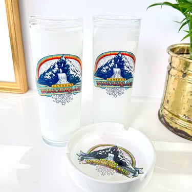 RARE Canada’s Wonderland Glasses & Ashtray 3pc Set, Vintage Frosted Glassware Rainbow Logo, 80s Souvenir Barware, Mid Century Summer Barware 