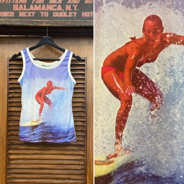 Vintage 1970’s Photo Print Tank Top Tee Shirt with Woman Surfer, 70’s Tank Top, Vintage Surf Top, Vintage Top, Vintage Clothing 