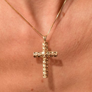 Modernist 14K Yellow Gold Cross Pendant, Diamond Cut Textured Gold Cross, Split Gold Bail, Religious Jewelry, Vintage Cross Pendant, 42mm 