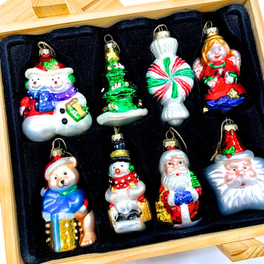 VINTAGE: 8pcs - Mikasa Christmas Tree Ornaments in Wooden Crate - Hand Painted Blown Glass - SKU 00034975 