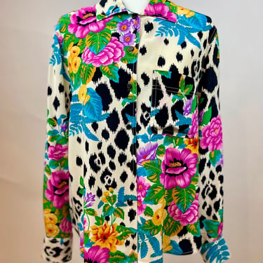 1980s Lillie Rubin Floral Silk Blouse with Neck Tie 