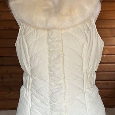 White Women's Quilted White Vest with Removable White Fur Collar Sz Small 