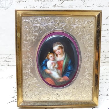 Vintage Miniature Portrait of Madonna and Child Jesus,  Framed Religious Church Painting Saint Mary 