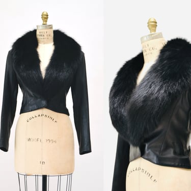 90s Vintage Black Leather Jacket Coat With FOX Fur Collar by North Beach Michael Hoban Small Black Leather Cropped blazer Fur Collar Jacket 