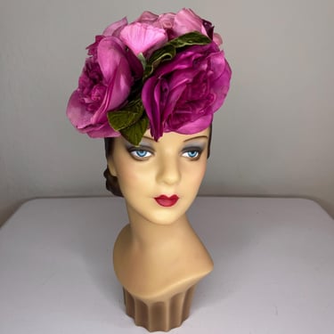 Lipstick Matches - Vintage 1940s Roberta Bernays Fuchsia Massive Rose Perch Hat 