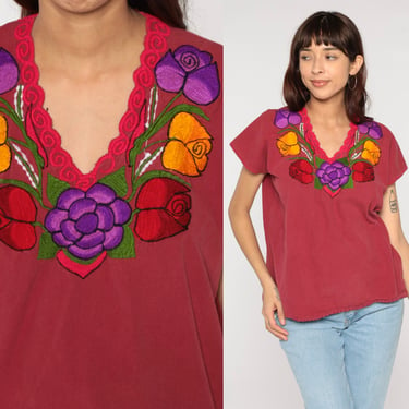 Mexican EMBROIDERED Blouse Red Shirt Hippie Top Floral Shirt Boho Shirt FESTIVAL Tunic Bohemian Vintage Retro Large L 