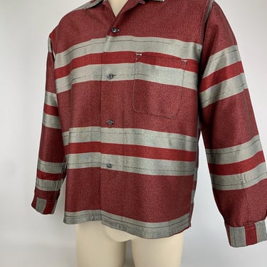 1950's Metallic Striped Shirt - Acetate Fabric- PLEASURE KING Label - Deep Red with Shinny Silver Threads - Men's MEDIUM - as is 