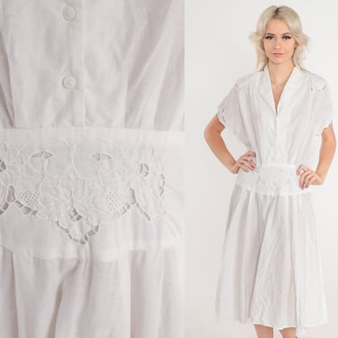 White Cutout Dress 80s Button up Midi Dress Floral Embroidered Cut Out Summer High Waisted Short Sleeve Cotton Ramie Vintage 1980s Medium M 