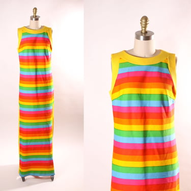 1960s Sleeveless Multi-Colored Rainbow Ankle Length Side Slits Dress -M 