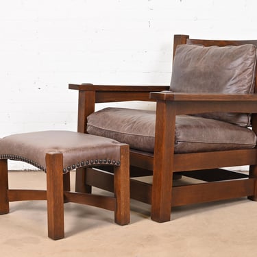 Stickley Mission Arts &#038; Crafts Oak and Leather Lounge Chair With Ottoman