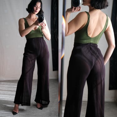 Vintage 80s Donna Karan Brown Sheer Wool Knit High Waisted Flare Leg Pants | 100% Wool | 1980s DKNY Designer High Waisted Bell Bottom Pants 
