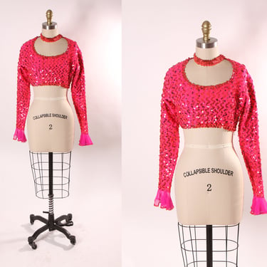 1970s Hot Pink Sequin Long Sleeve Crop Top Flared Sleeves Circus Showgirl Burlesque Shirt Top Blouse -S-L 