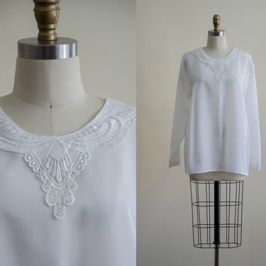80s lace collar blouse | silky white see through sheer plus size embroidered Edwardian style vintage blouse 