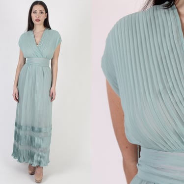 Vintage 70s Sage Chiffon Wrap Maxi Pleated Deep V Party Outfit With Belt Dress 
