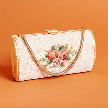 50s Gold White Beaded Floral Tapestry Clutch Vintage Box Closure Handle Formal Purse 